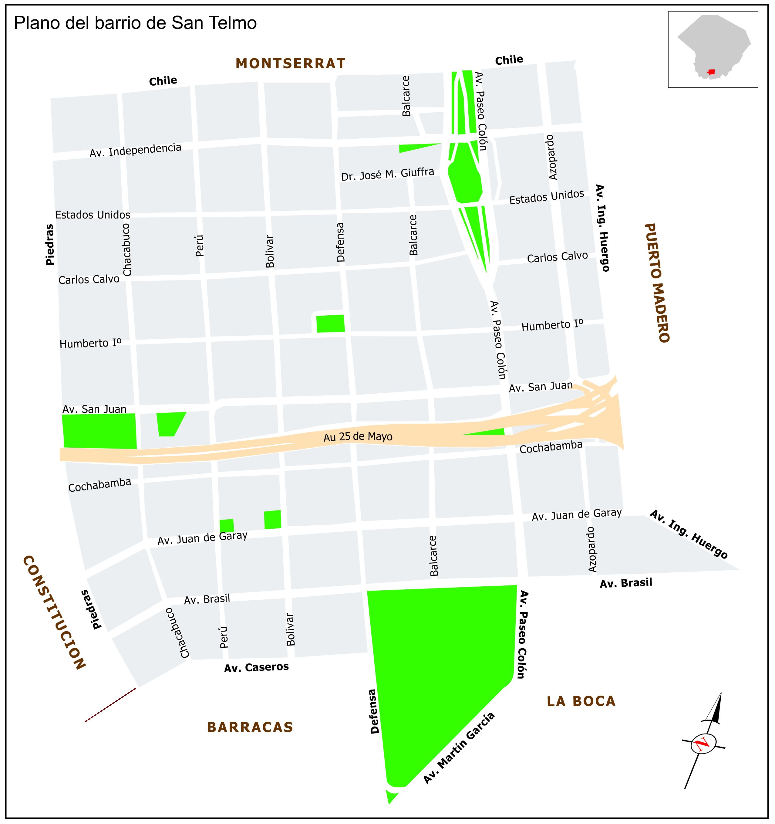 Mapa de espacios verdes en San Telmo